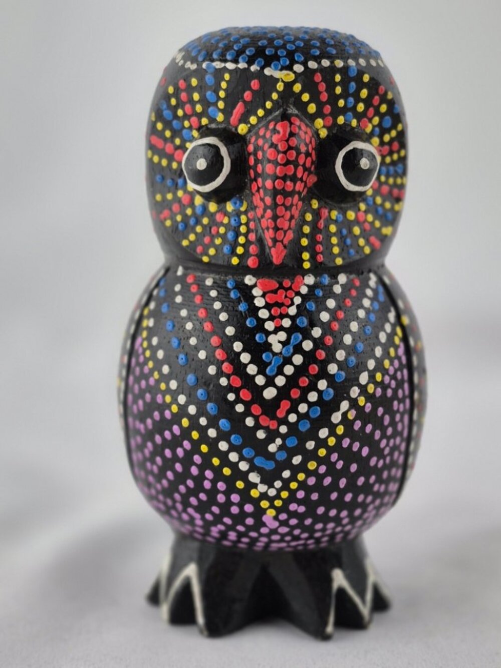 Hand Painted Wooden Owl Figurine Dot Art Folk Art Sculpture